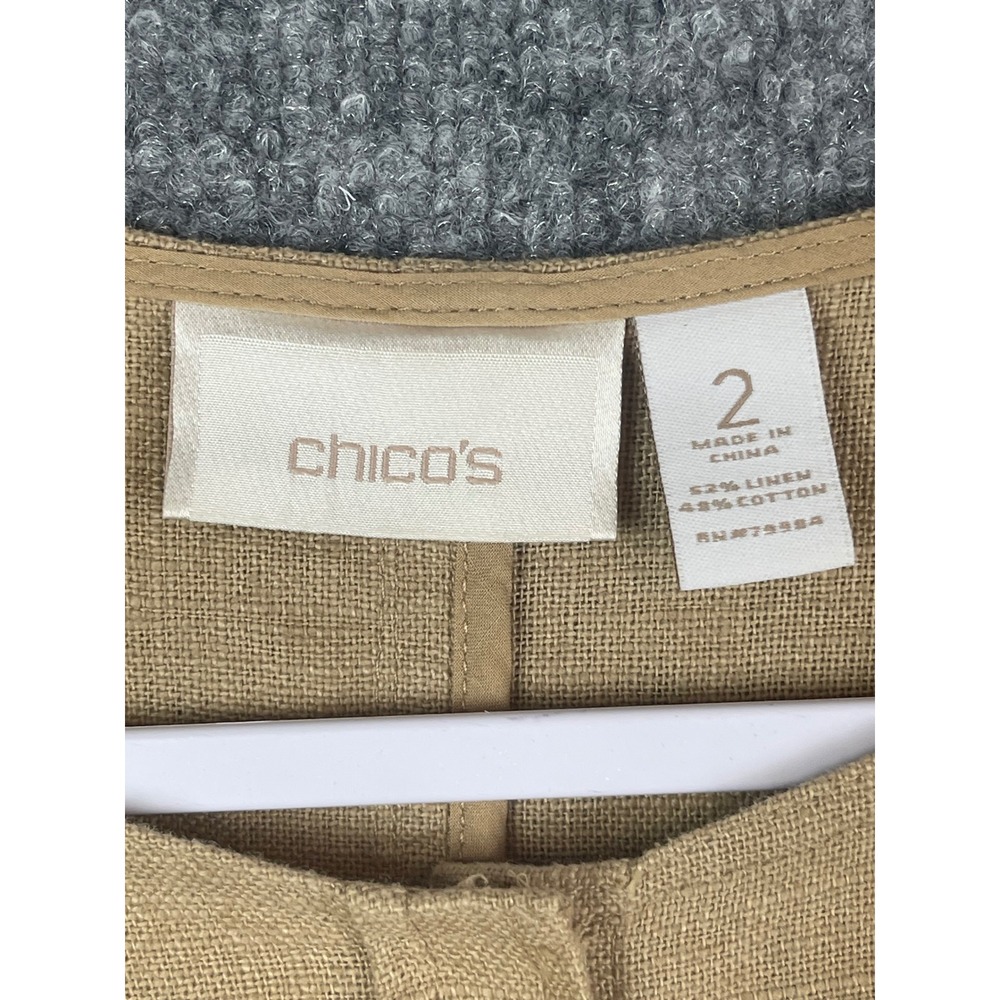 Chico's Tunic Top Womens 2 Tan Excellent Linen Cotton Button Front Pockets - Picture 8 of 13